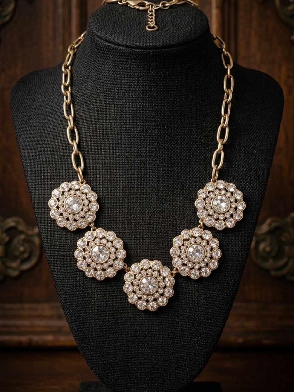 J. Crew antique gold tone Medallion Crystal statement necklace 2075